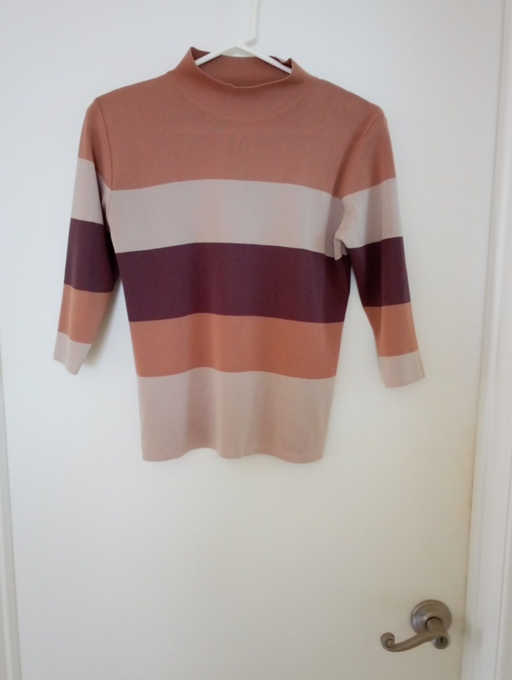 Stretchy Striped Mock Neck Knit Top Neutral Colors